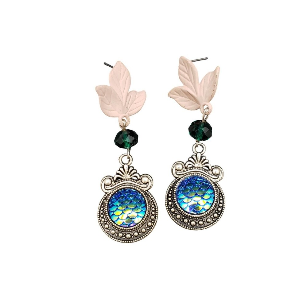 Mermaid Dragon Scale Dangle Drop Earrings Blue Scales Silver Statement Earrings